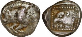 CARIA, Rhodos - İalysos  AR 1/6 Stater. (5th Century BC). Obv:Winged boar flying left. Rev: Head of eagle facing left; all within dotted border within...