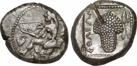 CILICIA. Soloi. Stater (Circa 410-375 BC).
Obv: Amazon kneeling left, stringing bow; ivy leafes and helmet.
Rev: ΣOΛΕΩN.
Grape bunch on vine; branch t...