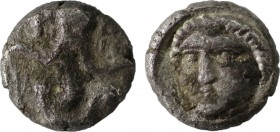 CILICIA. Uncertain. Hemitartemorion. (4th century BC).
Obv: Head of female (Arethusa?) facing slightly left.
Rev: Facing head of Bes.
Göktürk 44; SNG ...