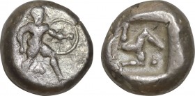 PAMPHYLIA. Aspendos. Stater (Circa 465-430 BC).
Obv: Warrior advancing right, holding shield and spear.
Rev: Triskeles within incuse square.
Cf. SNG B...