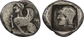 Troas, Gergis AR Tetrobol. Circa 5th Century BC. Obv: Sphinx seated right with raised left paw. Rev: head of Athena to left, wearing helmet; all withi...