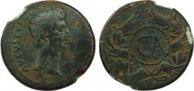 ASIA MINOR , Uncertain .Augustus. Dupondius. (27 BC - 14 AD) - (uncertain mint, ca. 25 BC.). Obv: Bare head of Augustus right. Rev: Large CA within do...
