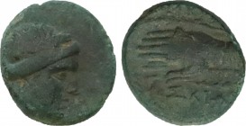 IONIA. Smyrna. Ae (75-50 BC). Menek[...], magistrate.
Obv: Laureate head of Apollo right.
Rev: ΖMYP[...] / MENEK[...].
Hands in caestus.
BMC 54.
Condi...