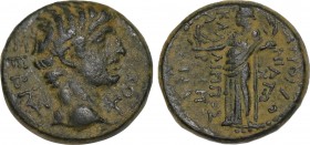 CARIA, Apollonia Salbace .Tiberius As Augustus . (14 – 37 AD). Ae. Obv: Bare head. Rev. Apollo standing l., holding raven and laurel branch. SNG Copen...