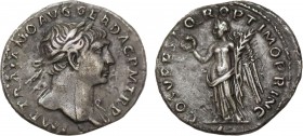 Trajan (AD 98-117). AR quinarius. Rome, (AD 107). Obv: IMP TRAIANO AVG GER DAC P M TR P, laureate head of Trajan right, drapery on far shoulder. Rev: ...