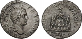 CAPPADOCIA, Caesarea-Eusebia. Geta. (AD 209-211). AR Drachm (16mm, 2.71 g, 12h). Dated RY 3 (AD 211). Obv: Laureate head right. Rev:Mt. Argaeus surmou...