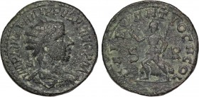 PISIDIA, Antiochia. Philip II. AD 247-249. Ae. Radiate, draped, and cuirassed bust right / Pax advancing left, holding branch and scepter. Krzyzanowsk...