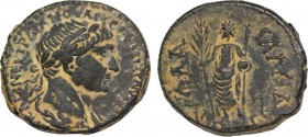 CHALCIDICE, Chalcis ad Belum. Trajan. AD 98-117. Ae. Obv: Laureate and draped bust right. Rev: Helioseiros standing facing, holding long palm frond, s...