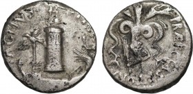 SEXTUS POMPEY. Fourrée Denarius (40-39 BC). Uncertain mint in Sicily.
Obv: The Pharos of Messana, surmounted by statue of Neptune standing right, hol...