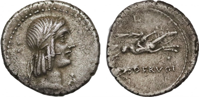 L. PISO L.F. L.N. FRUGI. Denarius (90 BC). Rome.
Obv: Laureate head of Apollo ri...