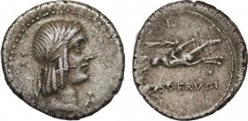 L. PISO L.F. L.N. FRUGI. Denarius (90 BC). Rome.
Obv: Laureate head of Apollo right.
Rev: L PISO FRVGI / CXV.
Warrior, holding reins and palm frond, r...