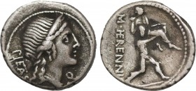 M. HERENNIUS. Denarius (108-107 BC). Rome.
Obv: PIETAS.
Diademed head of Pietas right.
Rev: M HERENNI.
One of the Catanaean brothers, Amphinomous or A...