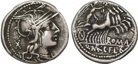 C. FABIUS, L. ROSCIUS, and Q. MARCIUS. Denarius (118-117 BC). Rome.
Obv: Helmeted head of Roma right; mark of value to left.
Rev: ROMA / C F L R Q M.
...