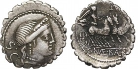 C. NAEVIUS BALBUS. Serrate Denarius (79 BC). Rome.
Obv: Diademed head of Venus right; S C to left.
Rev: C NAE BALB.
Victory, holding reins, driving tr...