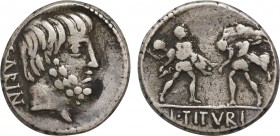 L. TITURIUS L.F. SABINUS. Denarius (89 BC). Rome.
Obv: SABIN.
Bareheaded and bearded head of King Tatius right; monogram to right.
Rev: L TITVRI.
Two ...