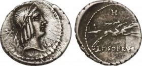 C. PISO L.F. FRUGI. Denarius (61 BC). Rome.
Obv: Head of Apollo right, wearing taenia; to left, head of eagle right.
Rev: C PISO L F FRV.
Warrior, hol...