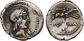 L. PISO L.F. L.N. FRUGI. Denarius (90 BC). Rome.
Obv: Laureate head of Apollo right.
Rev: L PISO FRVGI / • X •.
Warrior, holding reins and palm frond,...