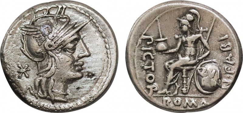 Numerius Fabius Pictor AR Denarius. Rome, 126 BC. Obv: Helmeted head of Roma rig...