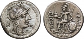 Numerius Fabius Pictor AR Denarius. Rome, 126 BC. Obv: Helmeted head of Roma right; K below chin, mark of value behind. Rev: The Flamen Quirinalis, Q....