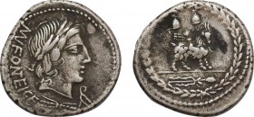 MN. FONTEIUS C.F. Denarius (85 BC). Rome.
Obv: MN FONTEI C F.
Laureate head of Apollo-Vejovis right; thunderbolt below, monogram to lower right.
Rev: ...
