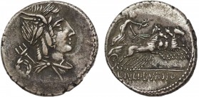L. IULIUS BURSIO. Denarius (85 BC). Rome.
Obv: Laureate, winged, and draped bust of Apollo Vejovis right; staff and trident behind.
Rev: L IVLI BVRSIO...