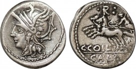 C. COILIUS CALDUS. Denarius (104 BC). Rome.
Obv: Helmeted head of Roma left.
Rev: C COIL / CALD.
Victory driving biga left; B: above.
Crawford 318/1a....