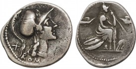 ANONYMOUS. Denarius (115-114 BC). Rome.
Obv: ROMA.
Helmeted head of Roma right; X (mark of value) to left.
Rev: Roma seated right on pile of shields, ...