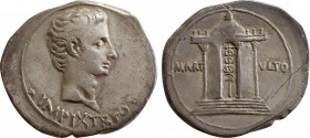AUGUSTUS (27 BC-14 AD). Cistophorus. Pergamum. Obv: IMP IX TR PO V. Bare head right. Rev: MART - VLTO. Circular tetrastyle temple, containing vexillum...