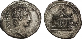AUGUSTUS (27 BC-14 AD). Denarius. Uncertain mint, possibly in the Northern Peloponnese.
Obv: AVGVSTVS.
Bare head right.
Rev: IOVI - OLV.
Hexastyle tem...