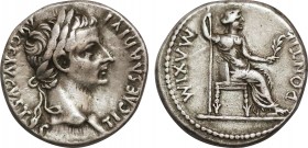 TIBERIUS (14-37). Denarius. "Tribute Penny" type. Lugdunum.
Obv: TI CAESAR DIVI AVG F AVGVSTVS.
Laureate head right.
Rev: PONTIF MAXIM.
Livia (as Pax)...