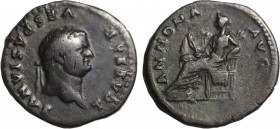 TITUS (Caesar, 69-79). Denarius. Rome
Obv: T CAESAR VESPASIANVS AVG.
Laureate head right.
Rev: ANNONA AVG.
Annona seated left on throne, holding grain...