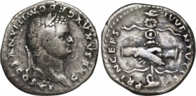 DOMITIAN (Caesar, 69-81). Denarius. Rome.
Obv: CAESAR AVG F DOMITIANVS COS VI.
Laureate head right.
Rev: PRINCEPS IVVENTVTIS.
Clasped hands over aquil...