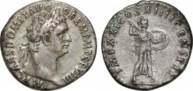 DOMITIAN (81-96). Denarius. Rome.
Obv: IMP CAES DOMIT AVG GERM P M TR P XIIII.
Laureate head right.
Rev: IMP XXII COS XIIII CENS P P P.
Minerva standi...