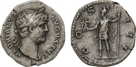 Hadrian. Rome, (AD 125-128) . Obv: HADRIANVS AVGVSTVS, laureate head right, slight drapery on left shoulder. Rev: COS III, Roma standing left, holding...