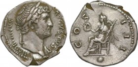 HADRIAN (117-138). Denarius. Rome. Obv: HADRIANVS AVGVSTVS. Laureate bust right, with slight drapery. Rev: COS III. Victory seated left on throne, hol...