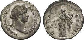 Hadrian. (117-138 AD). Denarius. Eastern Mint. Obv: HADRIANVS - AVGVSTVS P P Head laureate r. Rev:: P M TR P - COS III Aequitas standing l. holding sc...