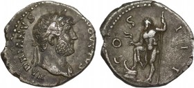HADRIAN (117-138). Denarius. Rome.
Obv: HADRIANVS AVGVSTVS.
Laureate bust right, with slight drapery.
Rev: COS III.
Neptune standing left, with foot o...