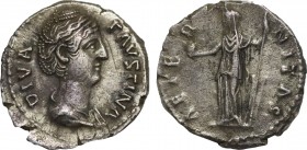 DIVA FAUSTINA I (Died 140/1). Denarius. Rome.
Obv: DIVA FAVSTINA.
Draped bust right.
Rev: AETERNITAS.
Fortuna standing left, holding globus and rudder...