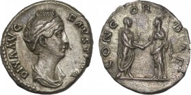 DIVA FAUSTINA I (Died 140/1). Denarius. Rome. Struck under Antoninus Pius.
Obv: DIVA AVG FAVSTINA.
Draped bust right.
Rev: CONCORDIAE.
Antoninus Pius ...