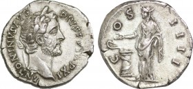 ANTONINUS PIUS (138-161). Denarius. Rome.
Obv: ANTONINVS AVG PIVS P P TR P XII.
Laureate head right.
Rev: COS IIII.
Salus standing left, feeding snake...