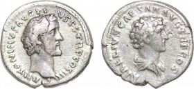 ANTONINUS PIUS with MARCUS AURELIUS as Caesar (138-161). Denarius. Rome.
Obv: ANTONINVS AVG PIVS P P TR P COS III.
Bare head of Antoninus Pius right.
...