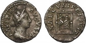 FAUSTINA II (Augusta, 147-175). Denarius. Rome.
Obv: FAVSTINA AVGVSTA.
Diademed and draped bust right.
Rev: SAECVLI FELICIT.
Draped and ornamented thr...