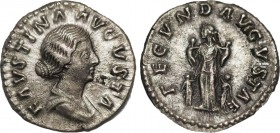 FAUSTINA II (Augusta, 147-176). Denarius. Rome.
Obv: FAVSTINA AVGVSTA.
Draped bust right.
Rev: FECVND AVGVSTAE.
Fecunditas standing left, holding an i...