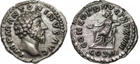 MARCUS AURELIUS (161-180). Denarius. Rome.
Obv: IMP M ANTONINVS AVG.
Head bare right.
Rev: CONCORD AVG TR P XVII / COS III.
Concordia seated left on t...