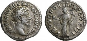 MARCUS AURELIUS (161-180). Denarius. Rome.
Obv: IMP M AVREL ANTONINVS AVG.
Bare head right.
Rev: PROV DEOR TR P XVI COS III.
Providentia standing left...