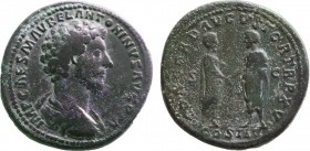 MARCUS AURELIUS (161-180). Sestertius. Rome. Obv: IMP CAES M AVREL ANTONINVS AVG P M. Bareheaded and cuirassed bust right. Rev: CONCORD AVGVSTOR TR P ...