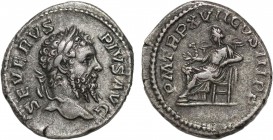 SEPTIMIUS SEVERUS (193-211). Denarius. Rome.
Obv: SEVERVS PIVS AVG.
Laureate head right.
Rev: PM TR P XVII COS III PP.
Salus seated left on throne, fe...