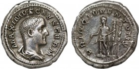 MAXIMUS (Caesar, 235/6-238). Denarius. Rome.
Obv: MAXIMVS CAES GERM.
Bareheaded and draped bust right.
Rev: PRINC IVVENTVTIS.
Maximus standing left, h...