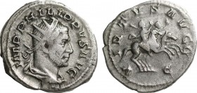 PHILIP I THE ARAB (244-249). Antoninianus. Rome. Obv: IMP PHILIPPVS AVG. Radiate, draped and cuirassed bust right. Rev: VIRTVS AVGG. Philip I, holding...