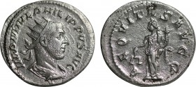 PHILIP II (247-249). Antoninianus. Antioch.
Obv: IMP M IVL PHILIPPVS AVG.
Radiate, draped and cuirassed bust right.
Rev: AEQVITAS AVG.
Aequitas standi...